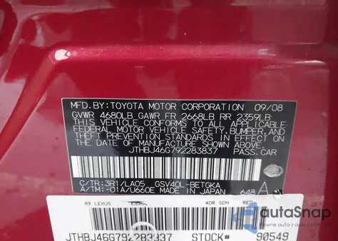 2009 Lexus Es 350 z USA, uszkodzony, nr VIN JTHBJ46G792283837